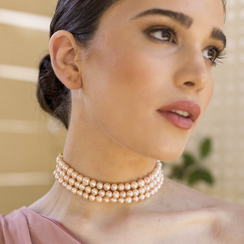 Choker Pinklady Triple Perlas Rosas