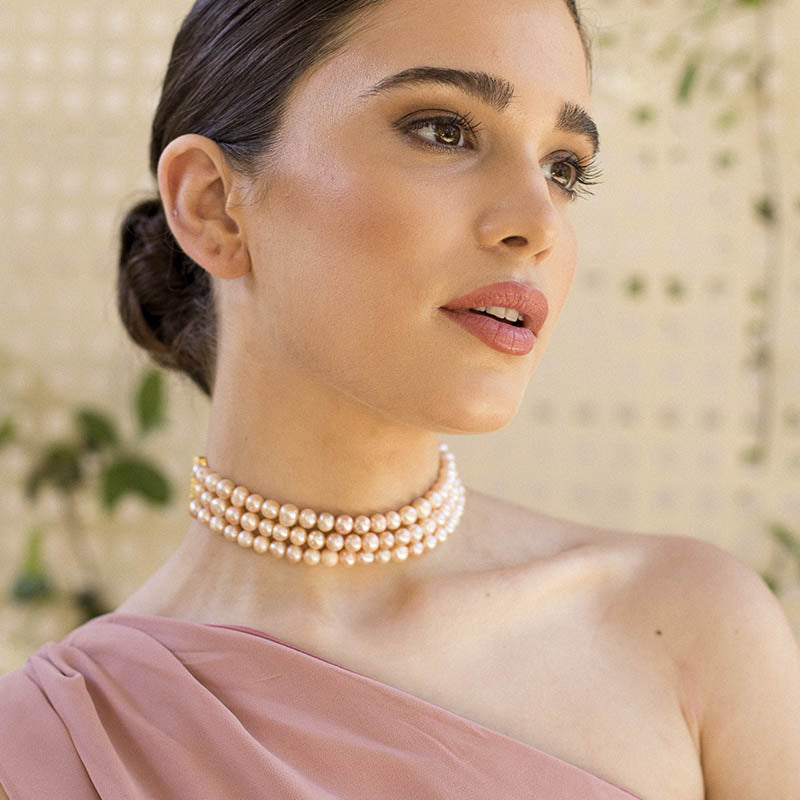 Choker Pinklady Triple Perlas Rosas