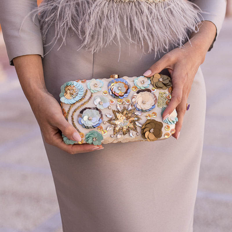 Bolso Naitra Flores 3D Biege Y Azul Agua