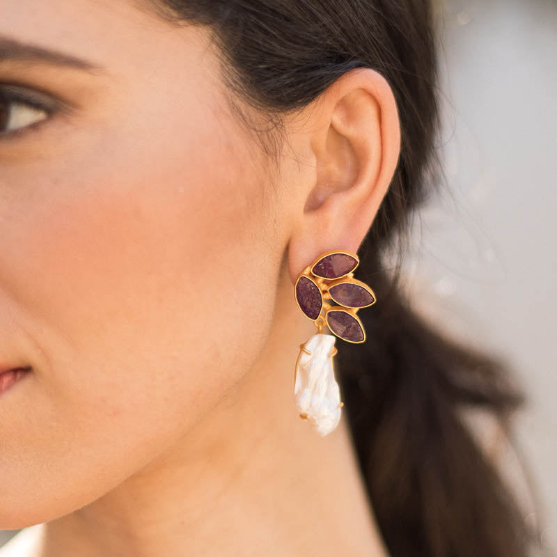 Pendientes Arista Morado Amatista y Perla