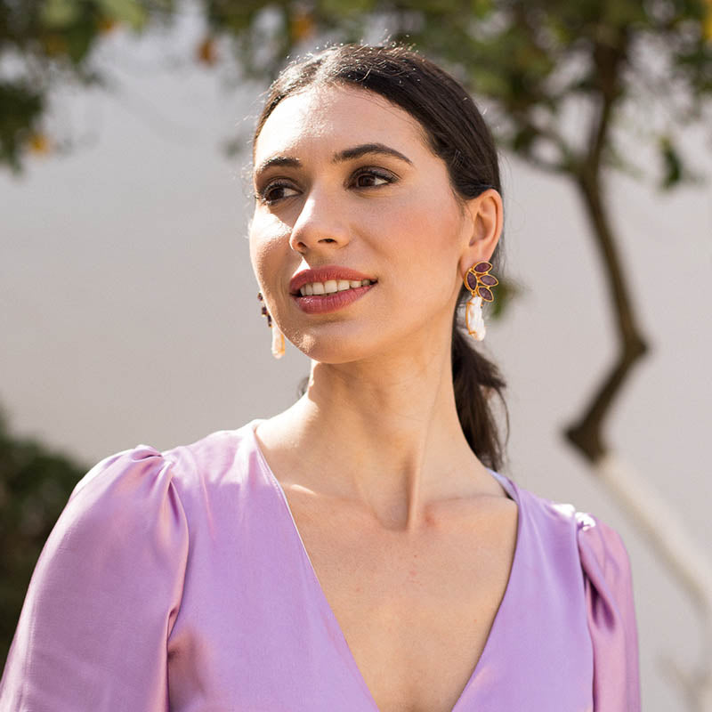 Pendientes Arista Morado Amatista y Perla