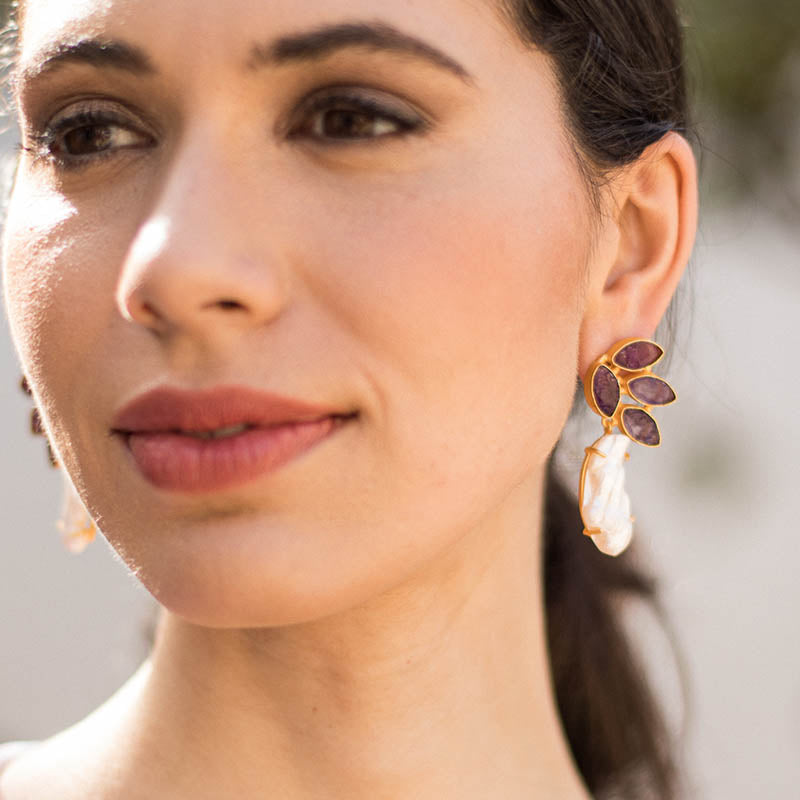 Pendientes Arista Morado Amatista y Perla