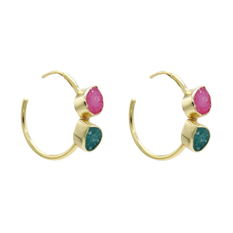 Pendientes Aros Thira Drusa Fucsia y Verde