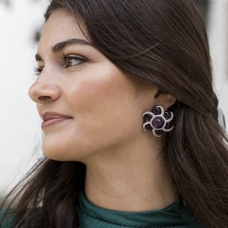 Vintage Pendientes Asian Plata Morado Amatista