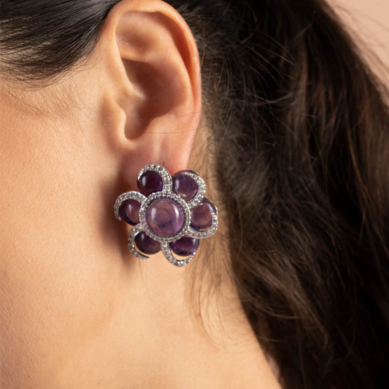 Vintage Pendientes Asian Plata Morado Amatista