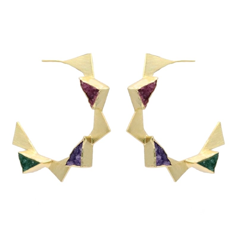 Pendientes Aros Atalanta Drusa Fucsia. Morado y Verde