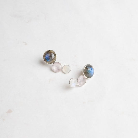 Pendientes Diana Ed. Limitada Labradorita Plata Rosa cuarzo y Piedra Lunar