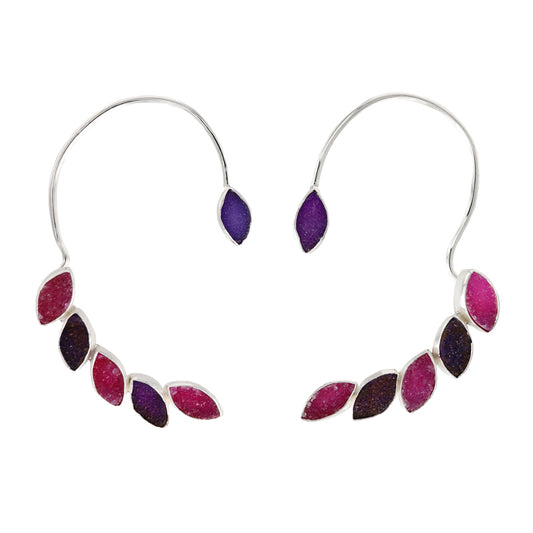 Pendientes Earcuff Cometa Plata Drusa Morado y Fucsia