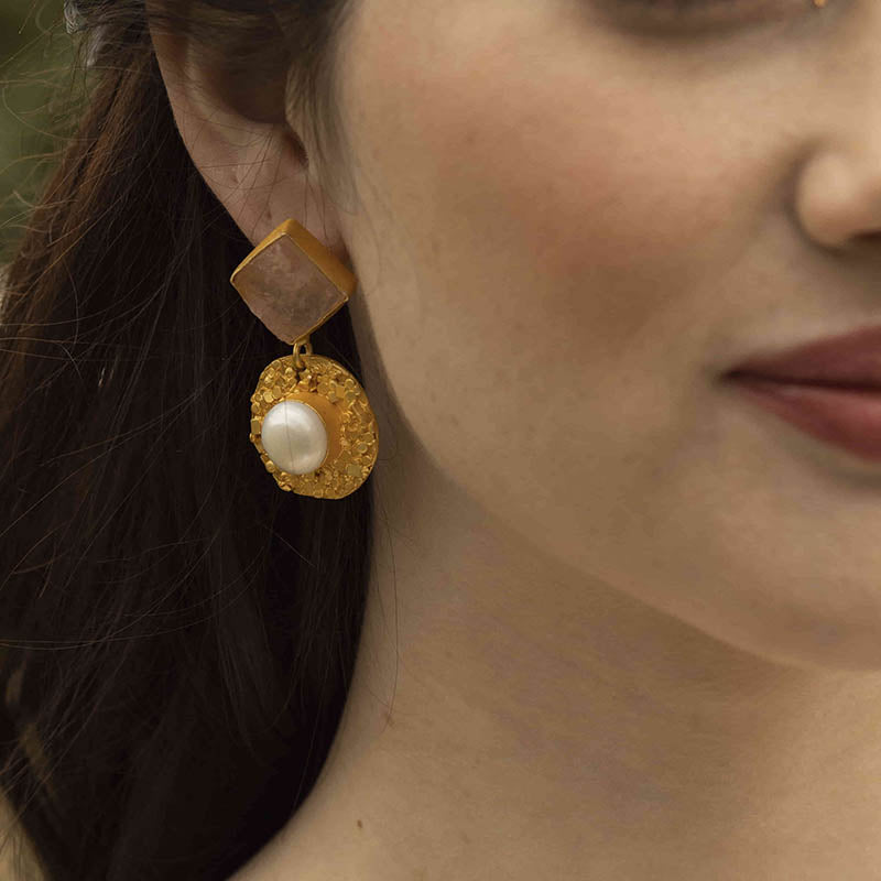 Pendientes Flounder Rosa cuarzo y Perla