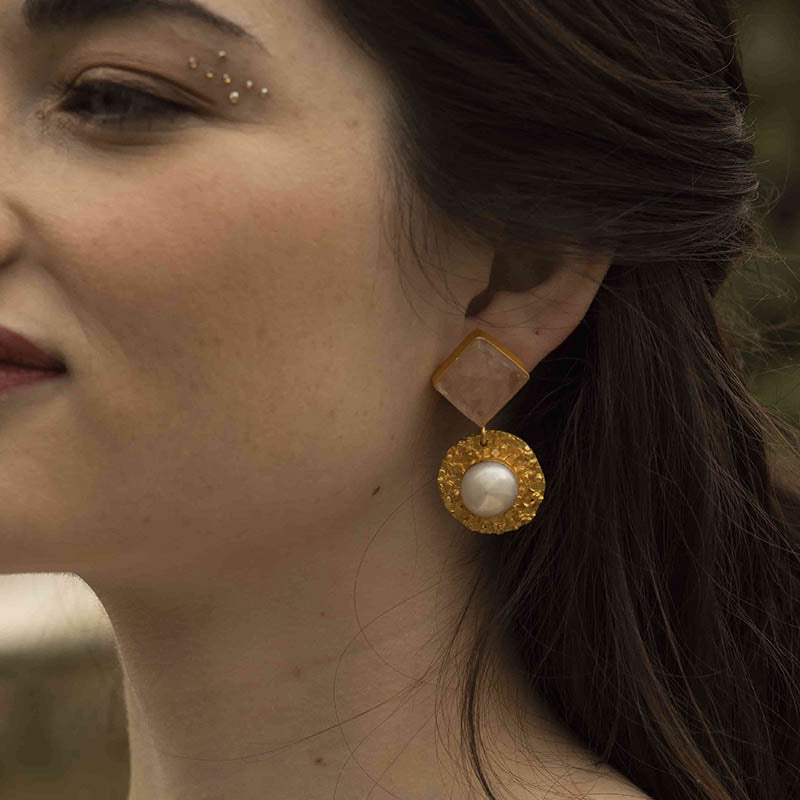 Pendientes Flounder Rosa cuarzo y Perla