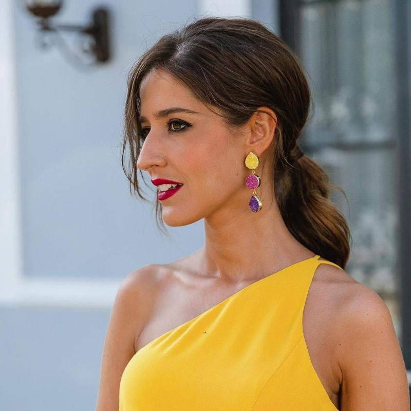 Pendientes Mademoiselle Amarillo. Fucsia y Morado