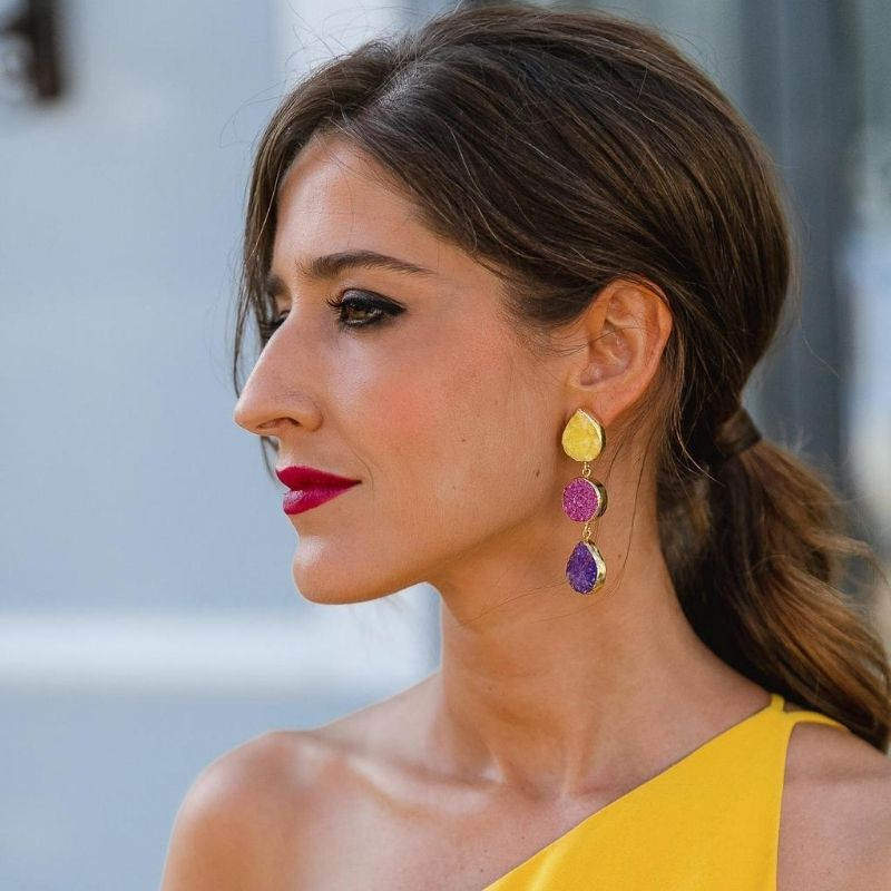 Pendientes Mademoiselle Amarillo. Fucsia y Morado
