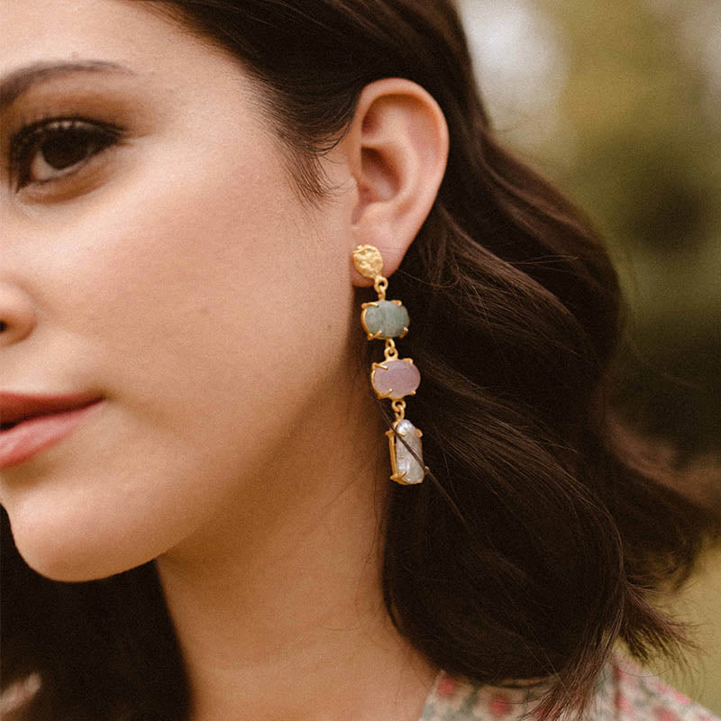 Pendientes Neda Verde agua Amazonita, Rosa y Perla