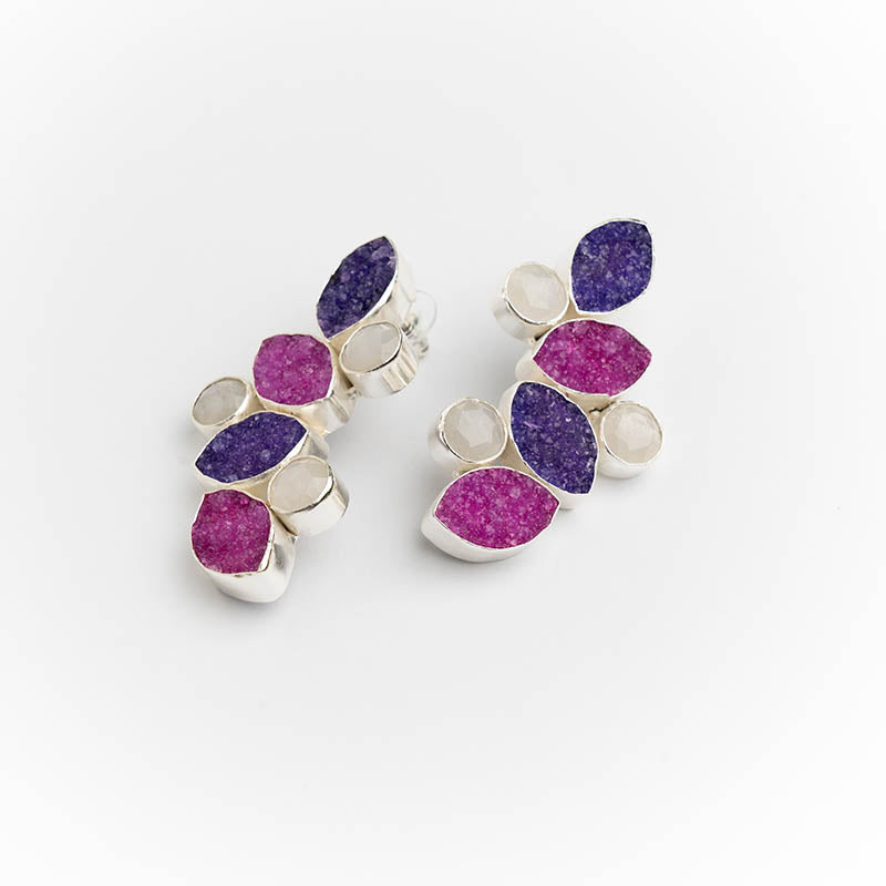 Pendientes Hali Ed. Limitada Plata Morado, Fucsia y Piedra lunar