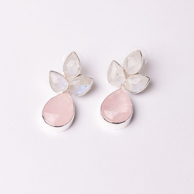 Pendientes Sauce Ed. Limitada Plata Piedra Lunar y Rosa cuarzo