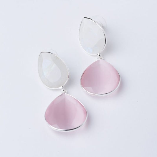 Pendientes Venus Ed. Limitada Plata Piedra Lunar Blanco y Rosa