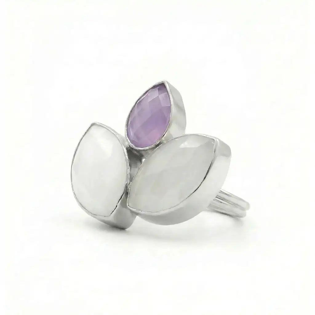 Anillo Grayas Ed. Limitada Plata Piedra Pulida Blanco, Lunar y Malva