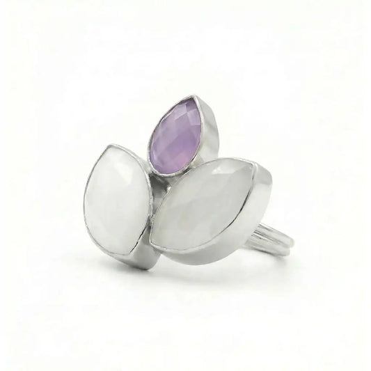 Anillo Grayas Ed. Limitada Plata Piedra Pulida Blanco, Lunar y Malva