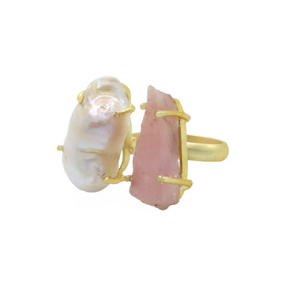 Anillo Serena Rough Rosa Cuarzo y Perla