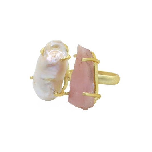 Anillo Serena Rough Rosa Cuarzo y Perla