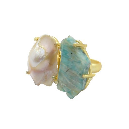 Anillo Serena Rough Verde agua amazonita y Perla