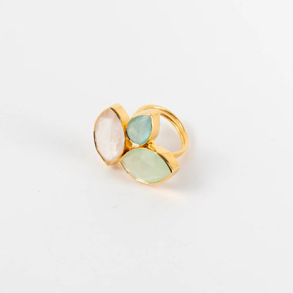 Anillo Grayas Rosa cuarzo. Azul y Verde agua