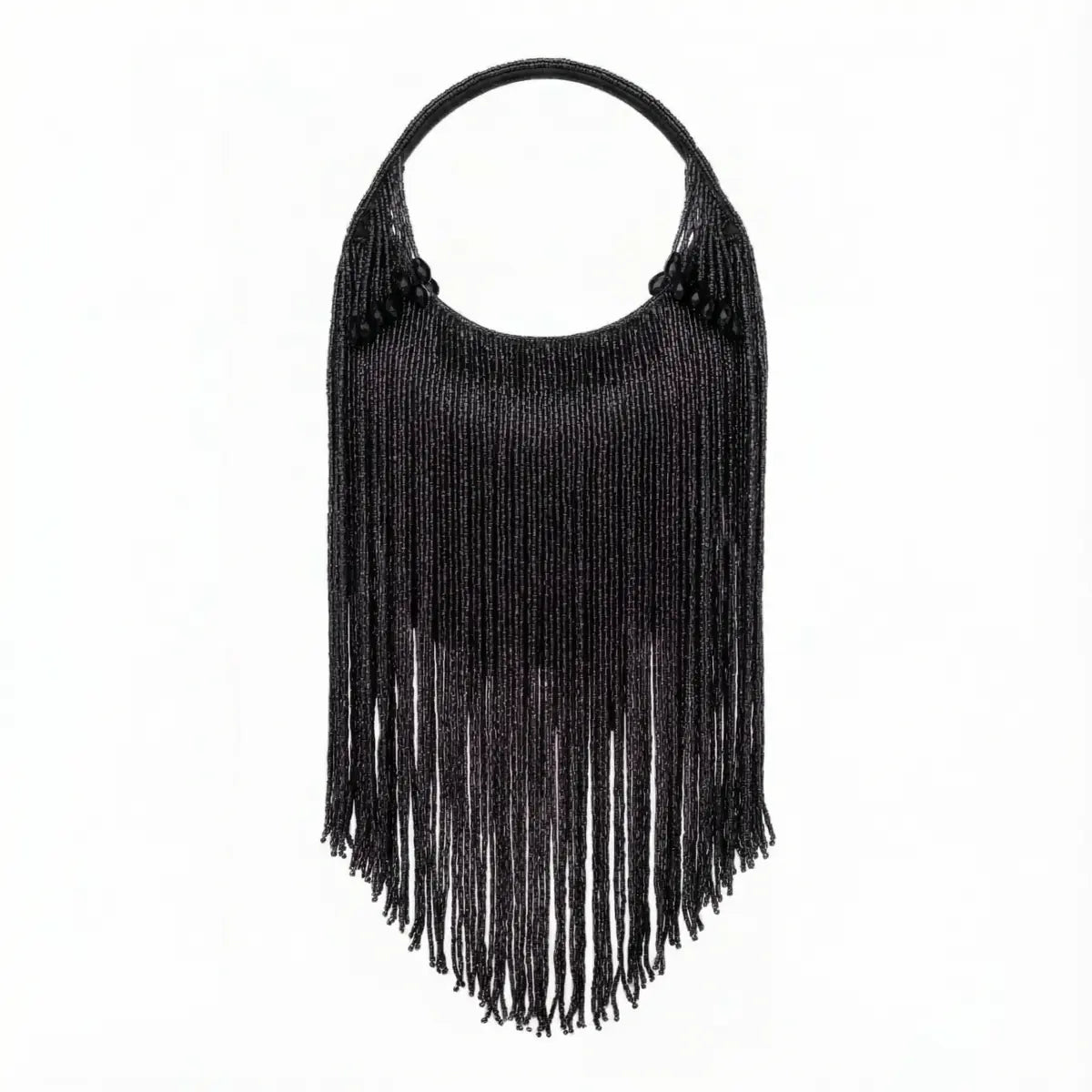 Black Groove Handle Bag with Fringe
