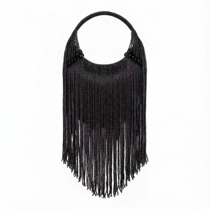Black Groove Handle Bag with Fringe