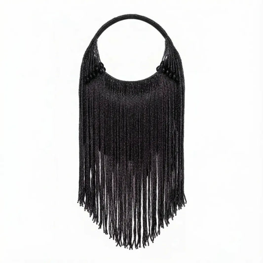 Black Groove Handle Bag with Fringe
