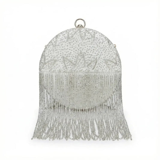 Bolso Circular Veluría Oro y Plata Flecos Blanco