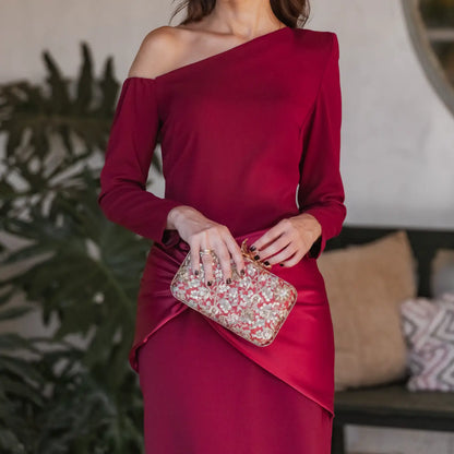 Bolso Flor Garra Ramillete Burdeos y Dorado