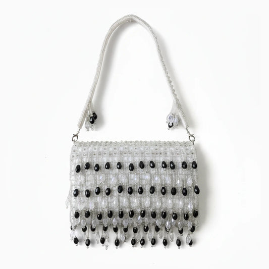 Bolso Rígido Borlas Bicolor Plateado Blanco y Negro