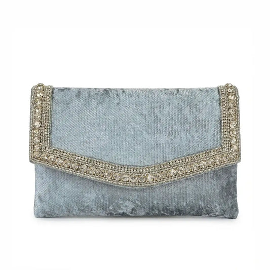 Bolso Sobre Velvetia Shine Plata Azul claro