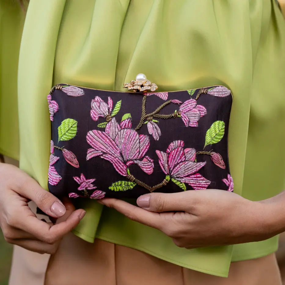 Bolso Curve Floreado Marrón oscuro, Rosas y Verde