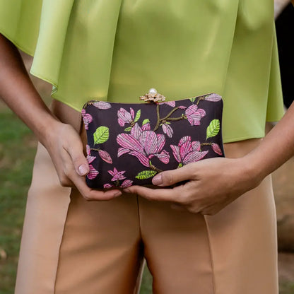 Bolso Curve Floreado Marrón oscuro, Rosas y Verde