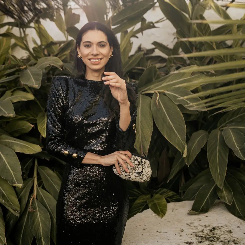 Bolso Nube Pequeño Scena Flor de línea Beige y Negro