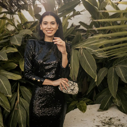 Bolso Nube Pequeño Scena Flor de línea Beige y Negro