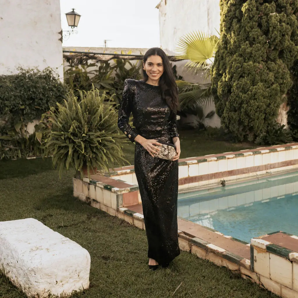 Bolso Nube Pequeño Scena Flor de línea Beige y Negro