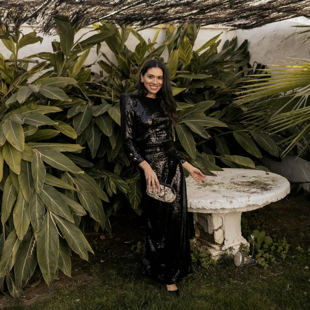 Bolso Nube Pequeño Scena Flor de línea Beige y Negro