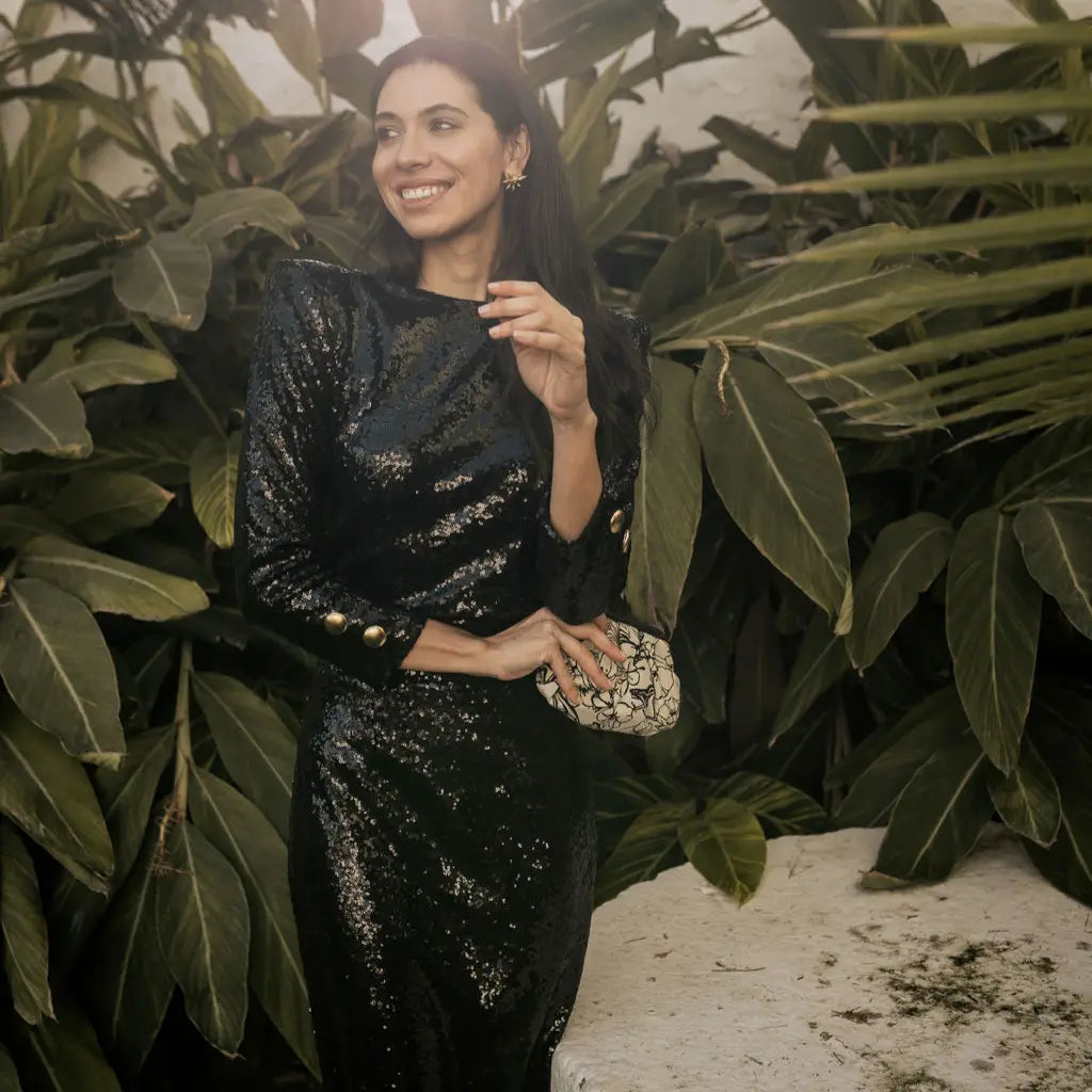 Bolso Nube Pequeño Scena Flor de línea Beige y Negro