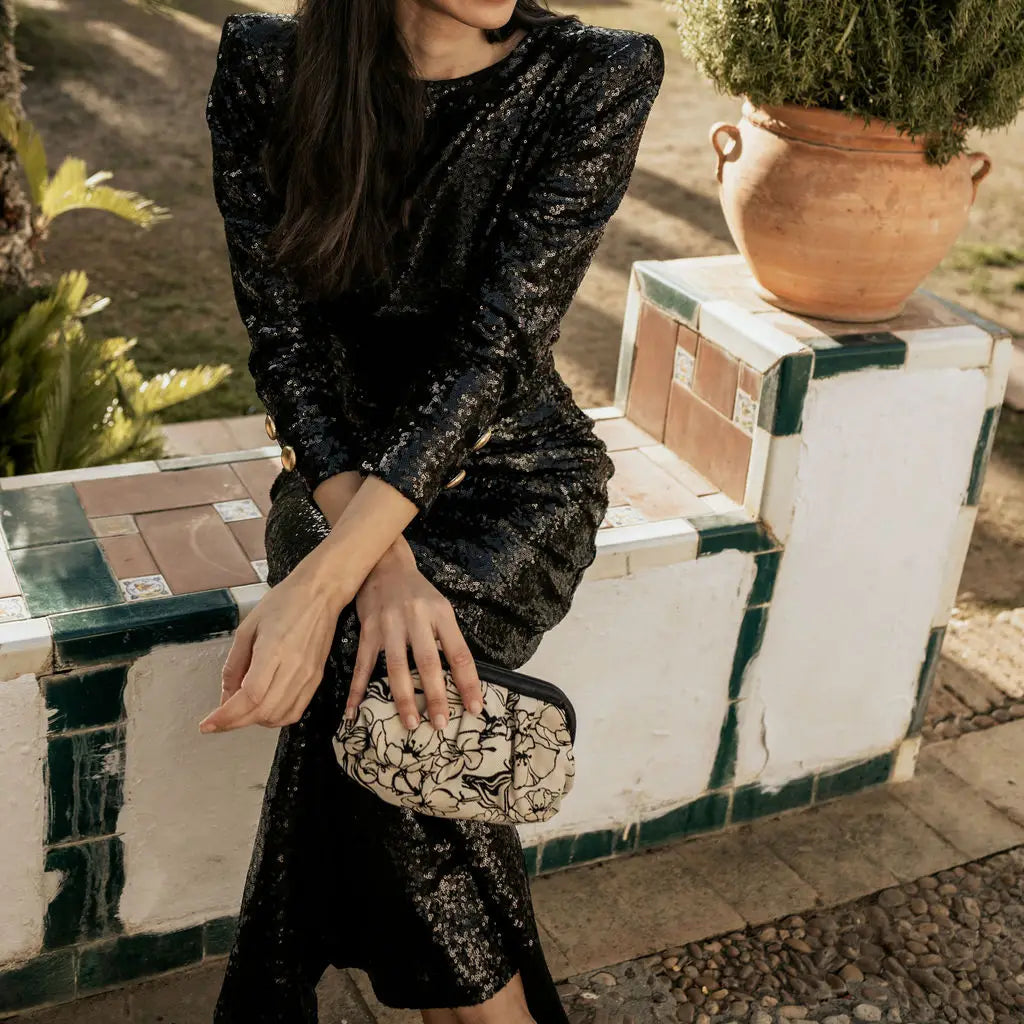 Bolso Nube Pequeño Scena Flor de línea Beige y Negro