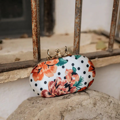 Bolso Ovalado Flor Garra Print Art Lunares Blanco, Negro y Rojo