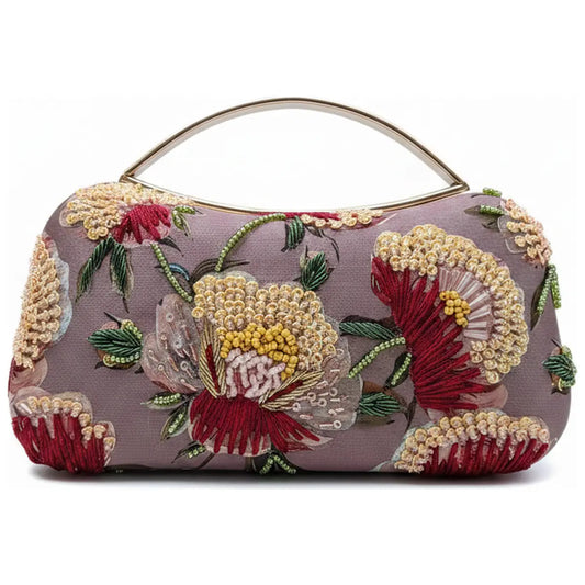 Bolso Curva Asa Brocado Morado, Burdeos y Crema