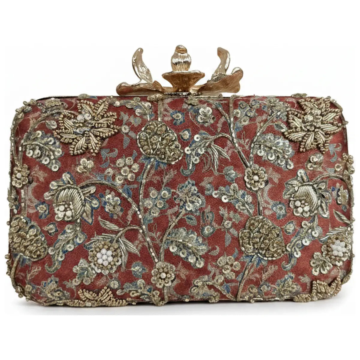 Bolso Flor Garra Ramillete Burdeos y Dorado