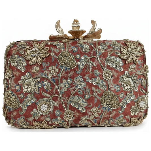 Bolso Flor Garra Ramillete Burdeos y Dorado