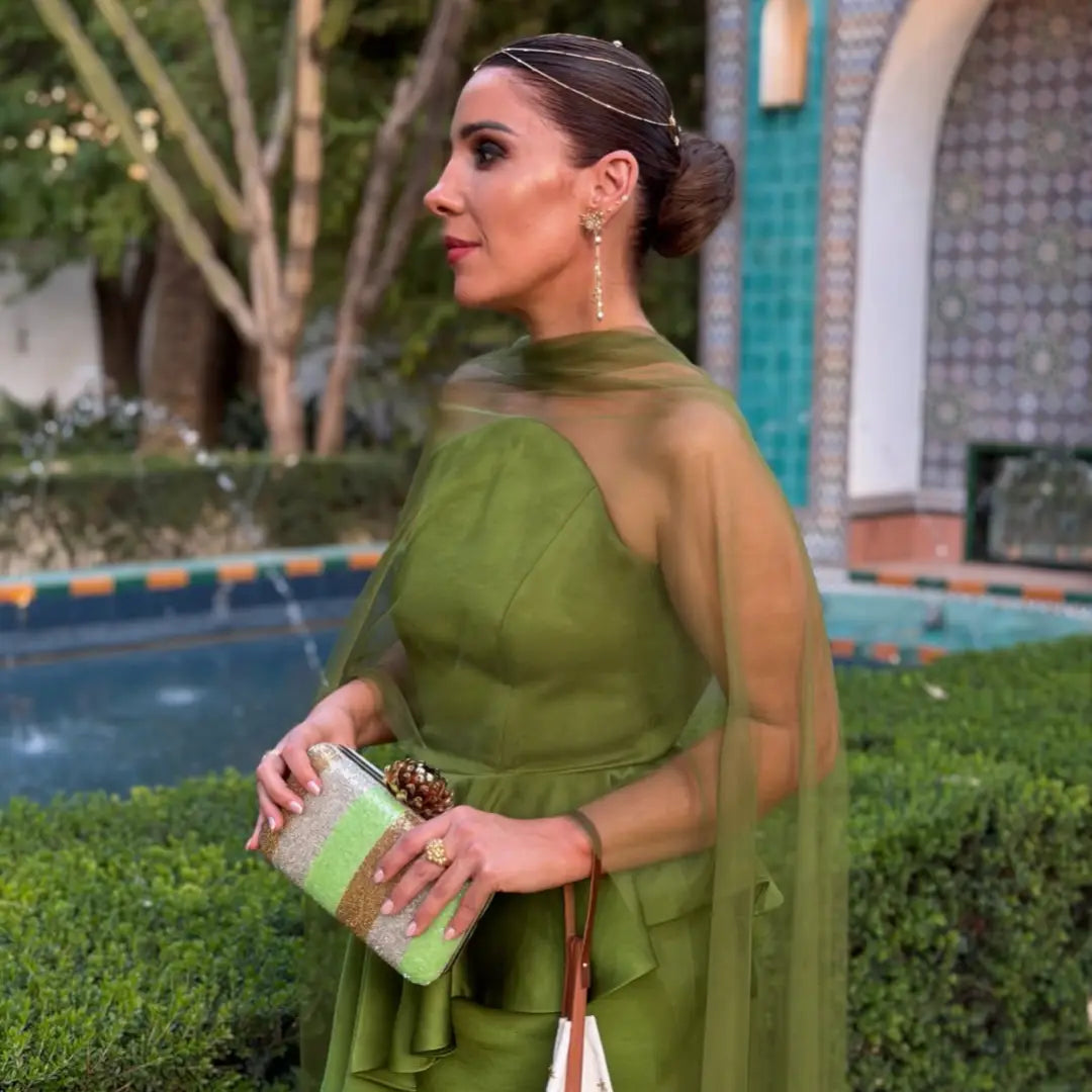 Bolso Loto Shirita Verde Lima, Dorado y Gris