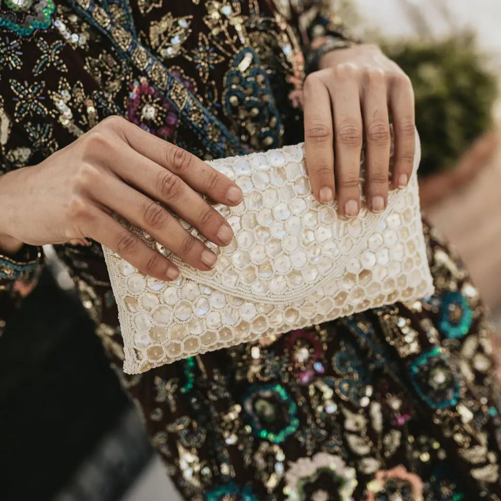 Lira White Mother-of-Pearl Jewel Envelope Handbag