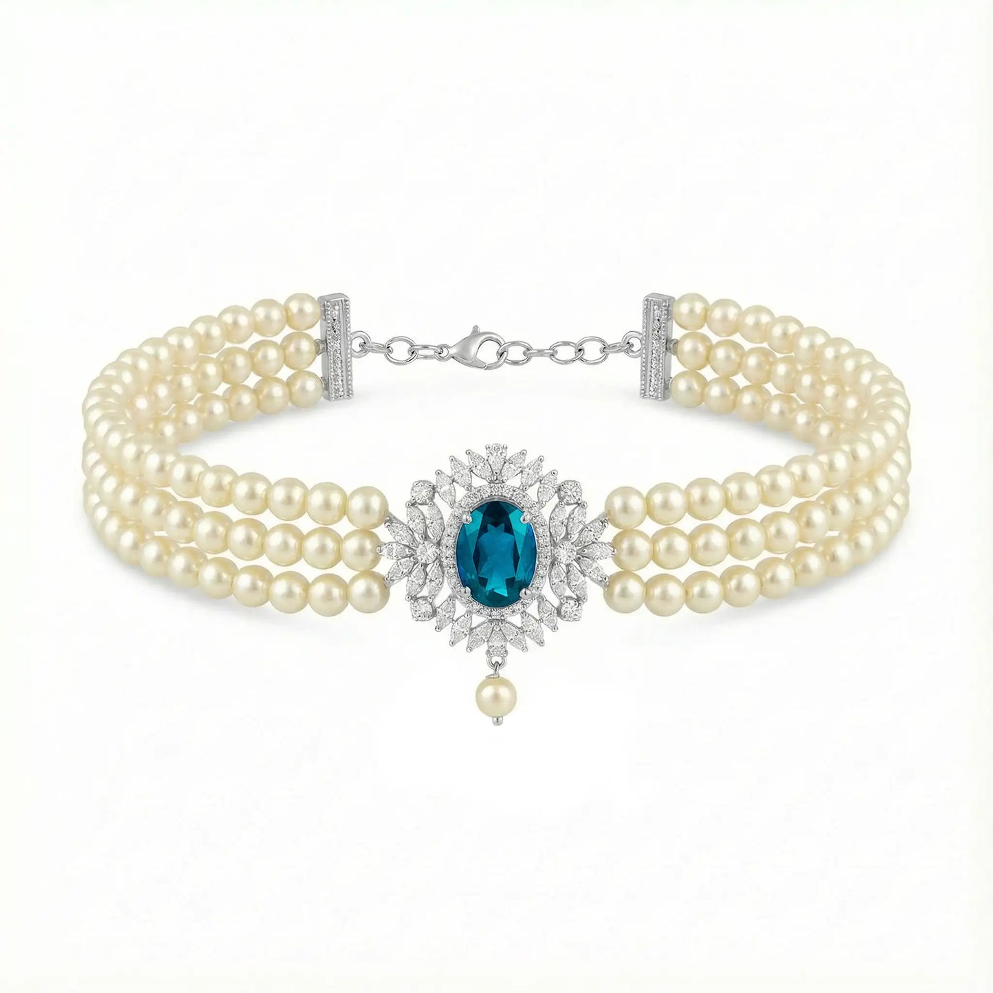 Choker Cella Plata Azul Turquesa y Perlas