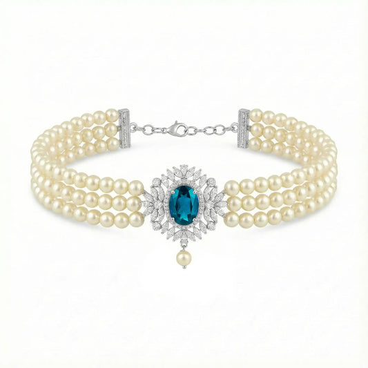 Choker Cella Plata Azul Turquesa y Perlas