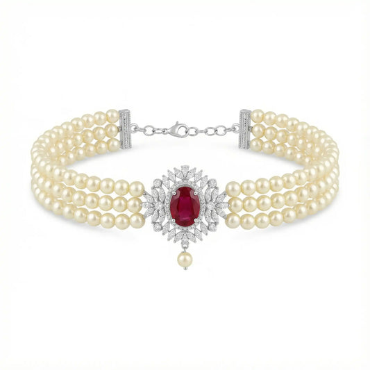 Choker Cella Plata Rubí y Perlas